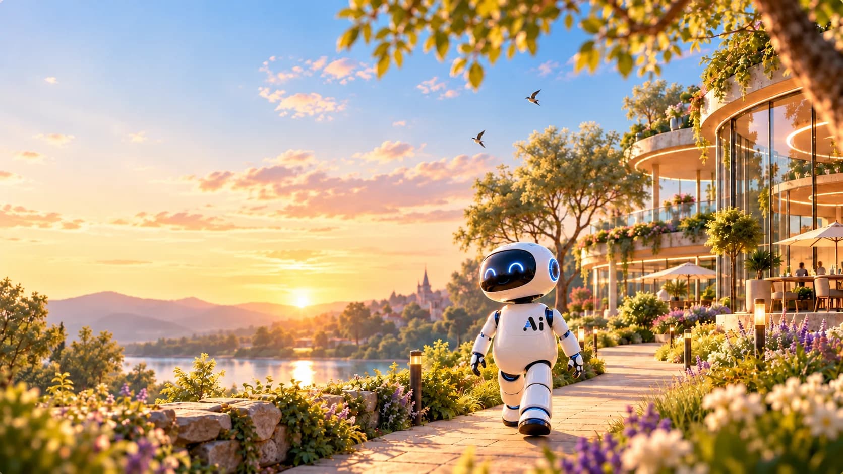 A friendly AI robot walking through a warm, peaceful garden toward a modern building