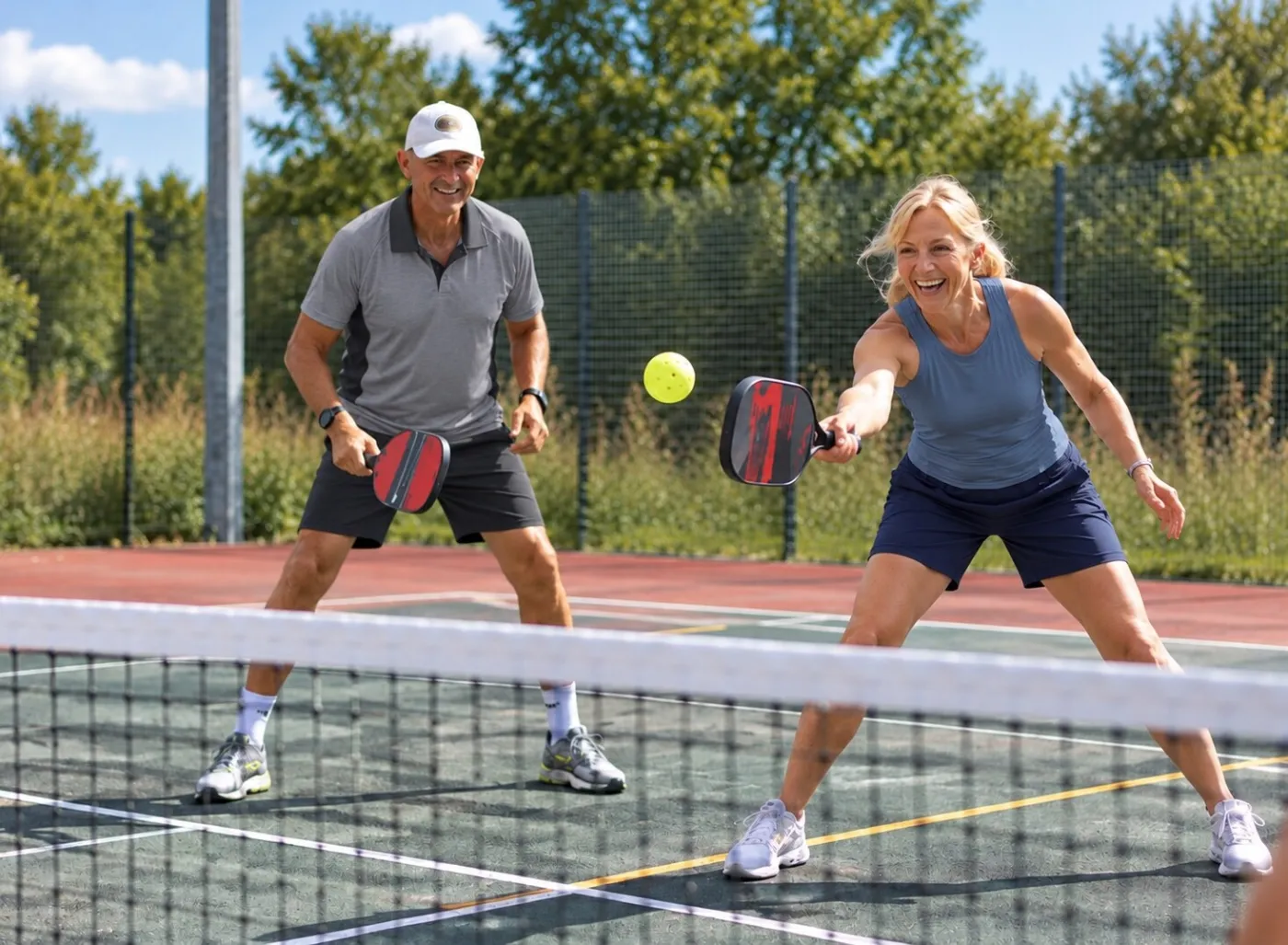 The same two players rallying at the net: indoors at Trinity School in winter, outdoors at Newbury Tennis Club in summer