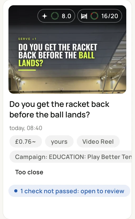 A post being built, with its scores at the top and a note that one check did not pass and is open to review.