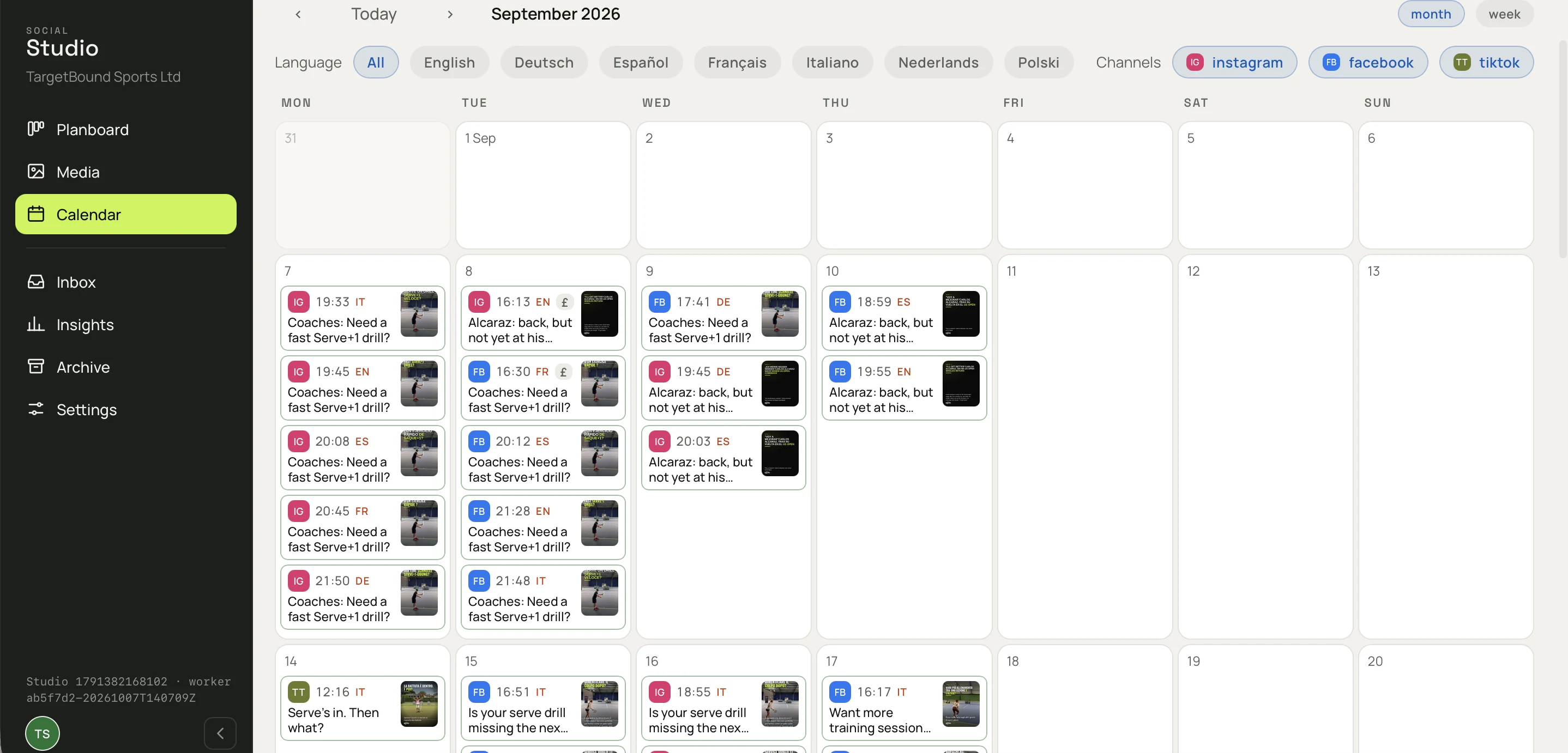 The studio’s calendar for September 2026. Each day lists its postings with the channel, time, language and a thumbnail, and posts for one card are spread across several days.